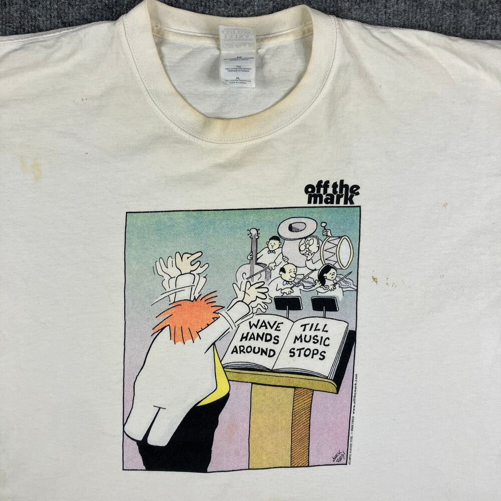 Gildan‎ T-Shirt Mens Size XL White Off The Mark Cartoon Comic Graphic Tee
